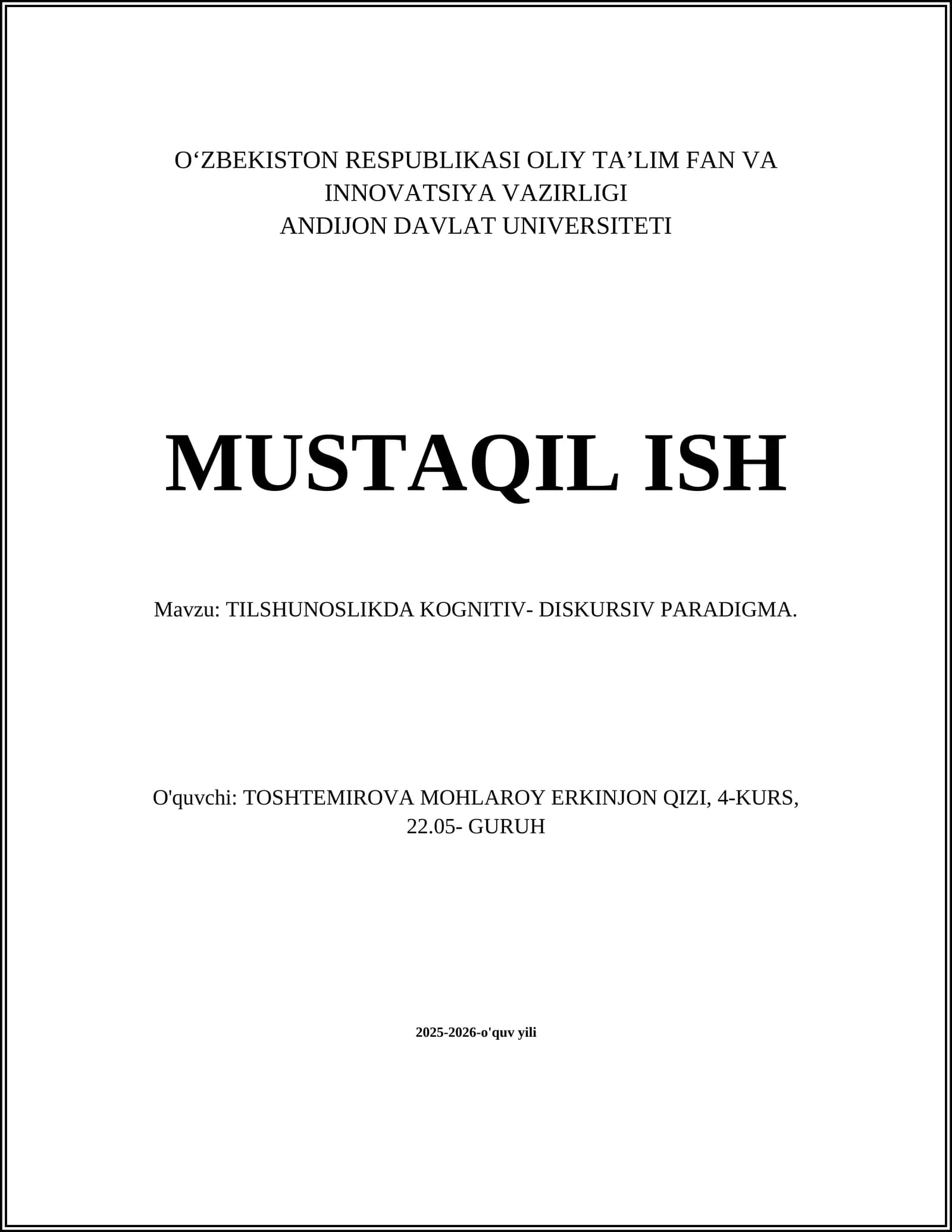 TILSHUNOSLIKDA KOGNITIV- DISKURSIV PARADIGMA