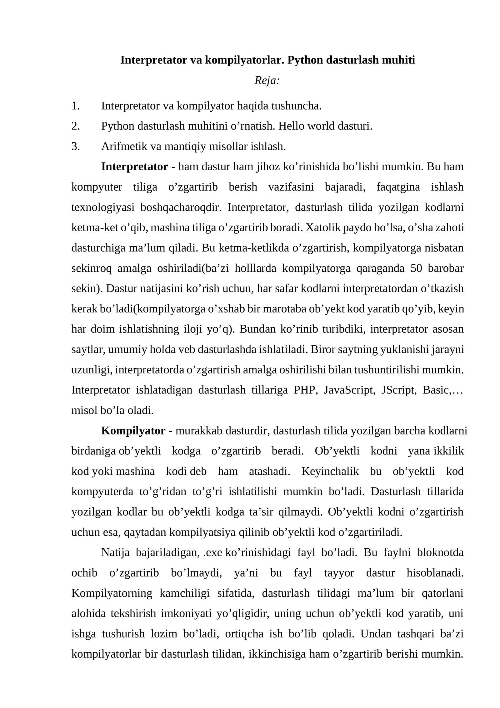 Interpretator va kompilyatorlar. Python dasturlash muhiti
