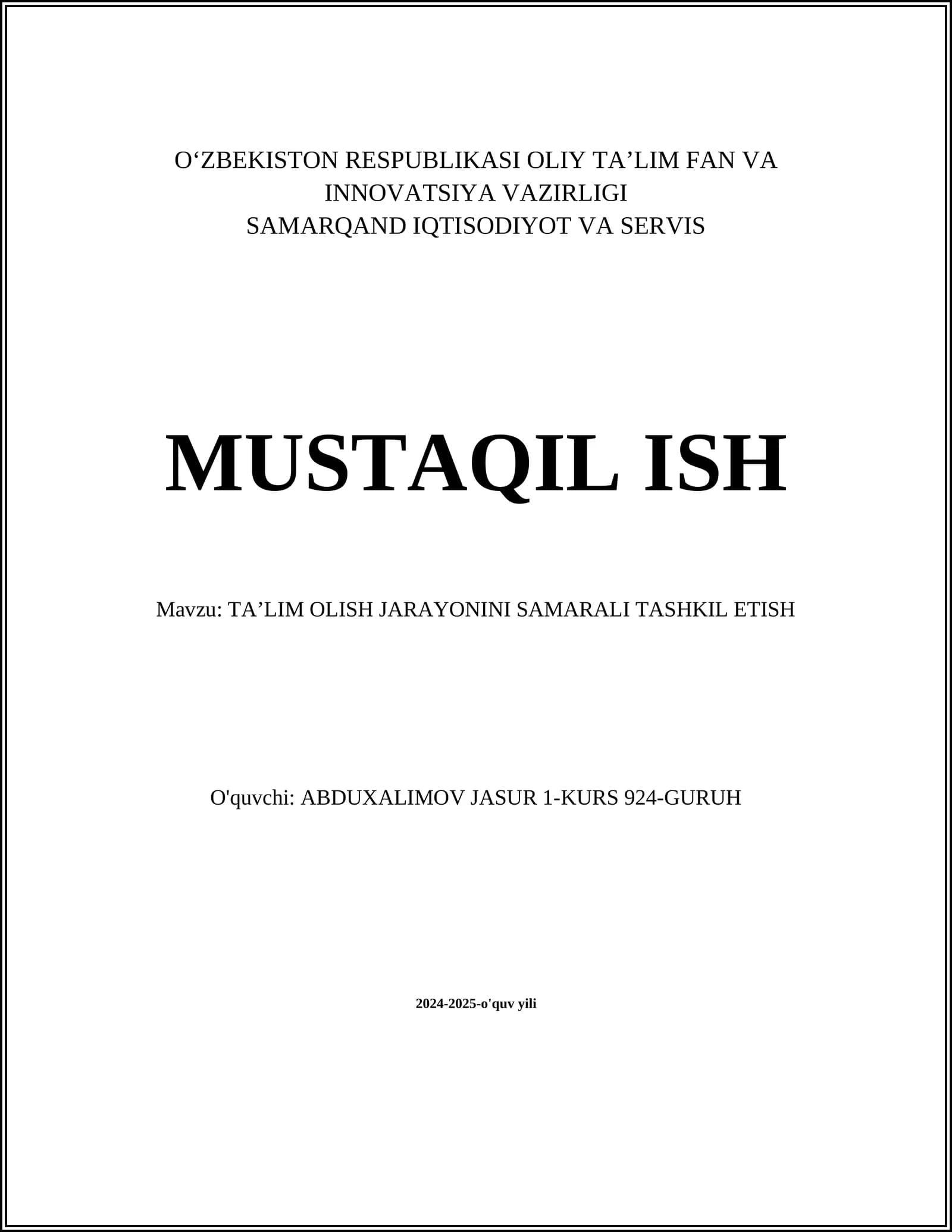 TA’LIM OLISH JARAYONINI SAMARALI TASHKIL ETISH
