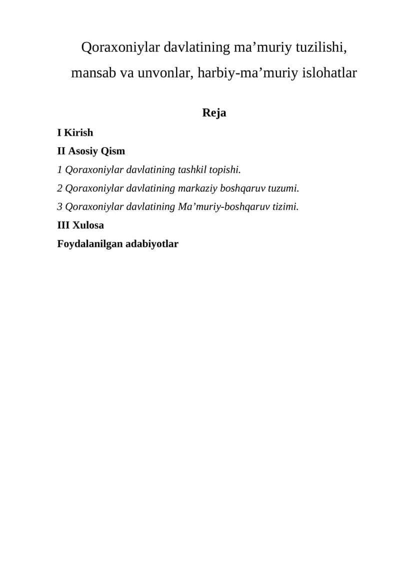 Qoraxoniylar davlatining ma’muriy tuzilishi, mansab va unvonlar, harbiy-ma’muriy islohatlar