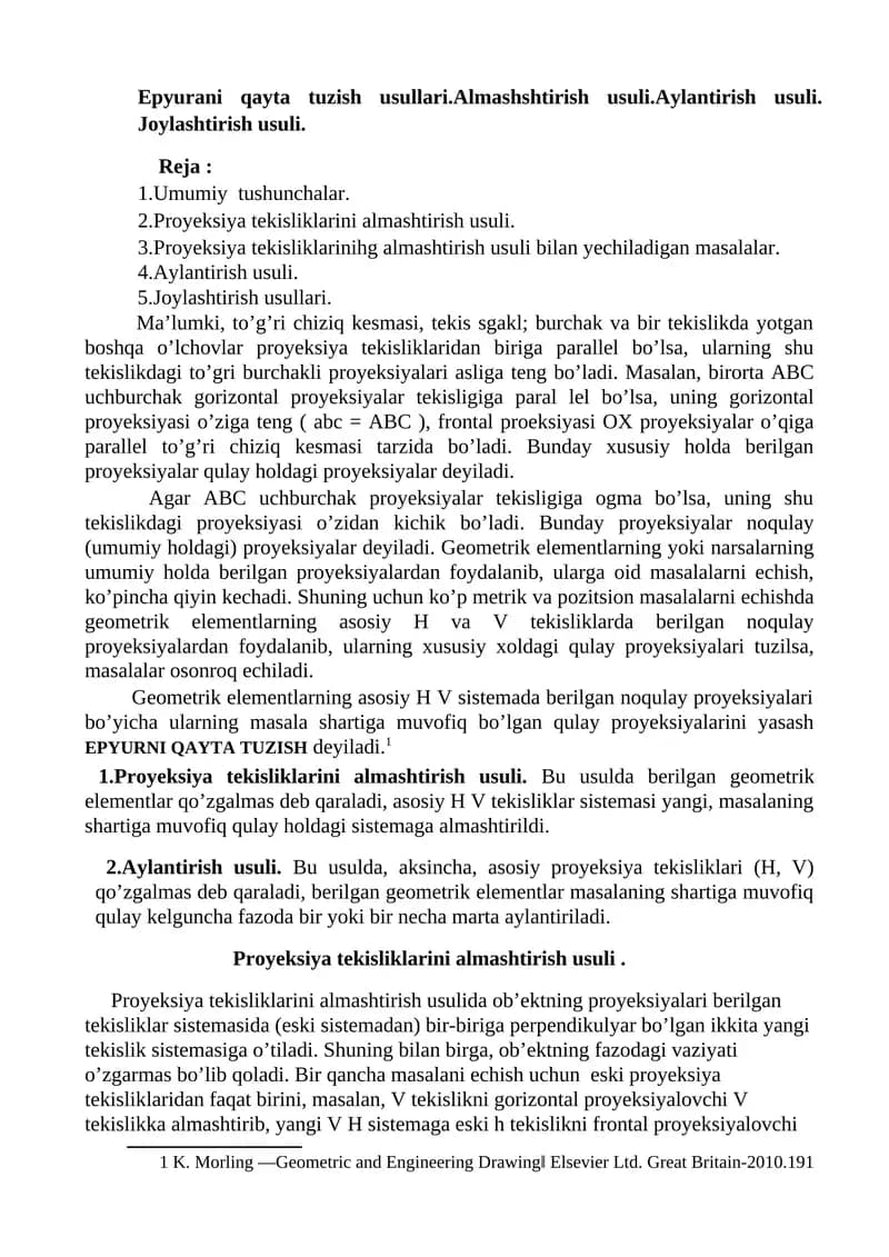 Proyeksiya Tekisliklari va Almashtirish Usullari