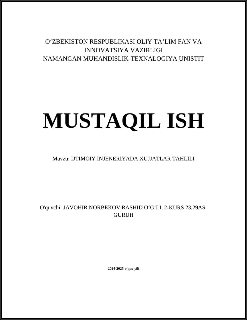 IJTIMOIY INJENERIYADA XUJJATLAR TAHLILI