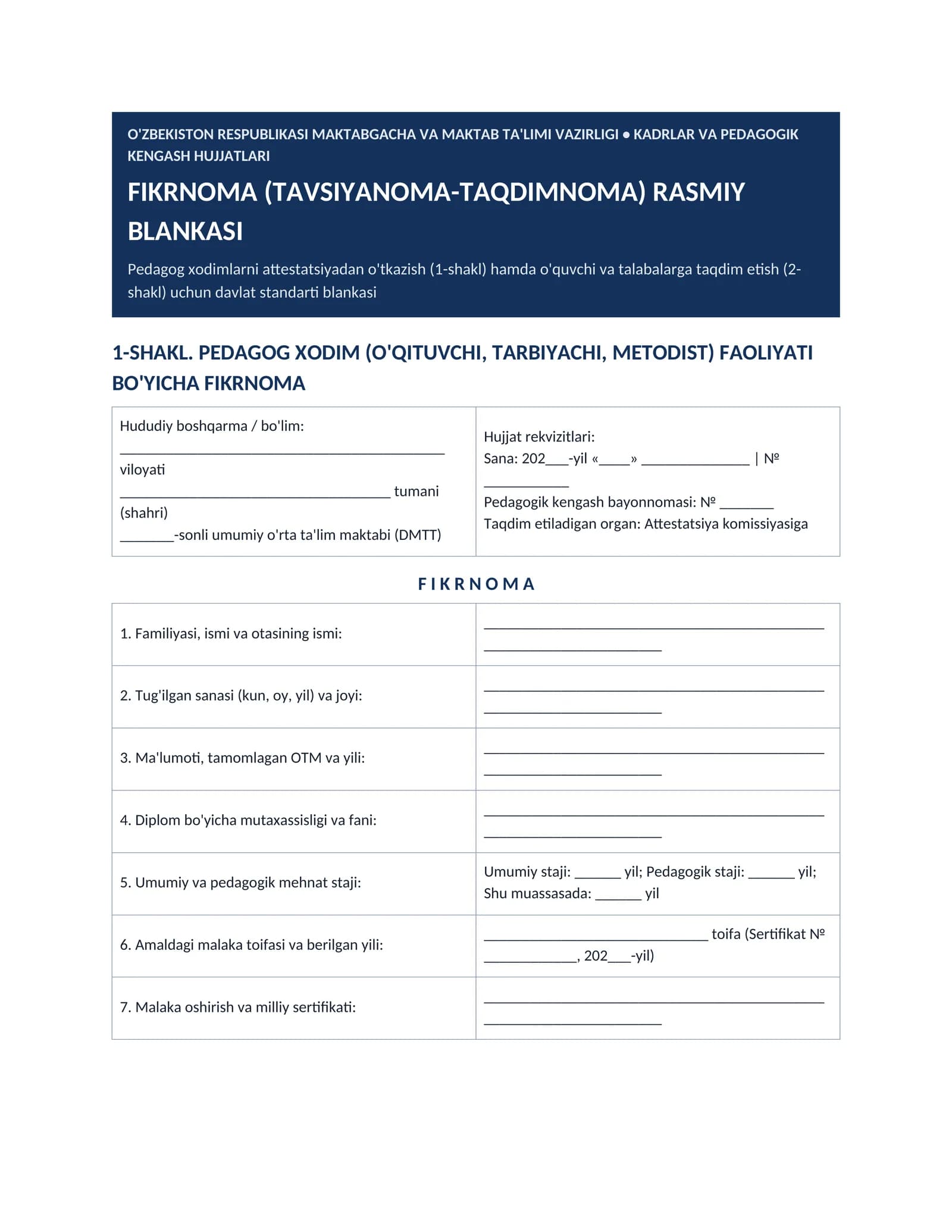 FIKRNOMA (TAVSIYANOMA-TAQDIMNOMA)