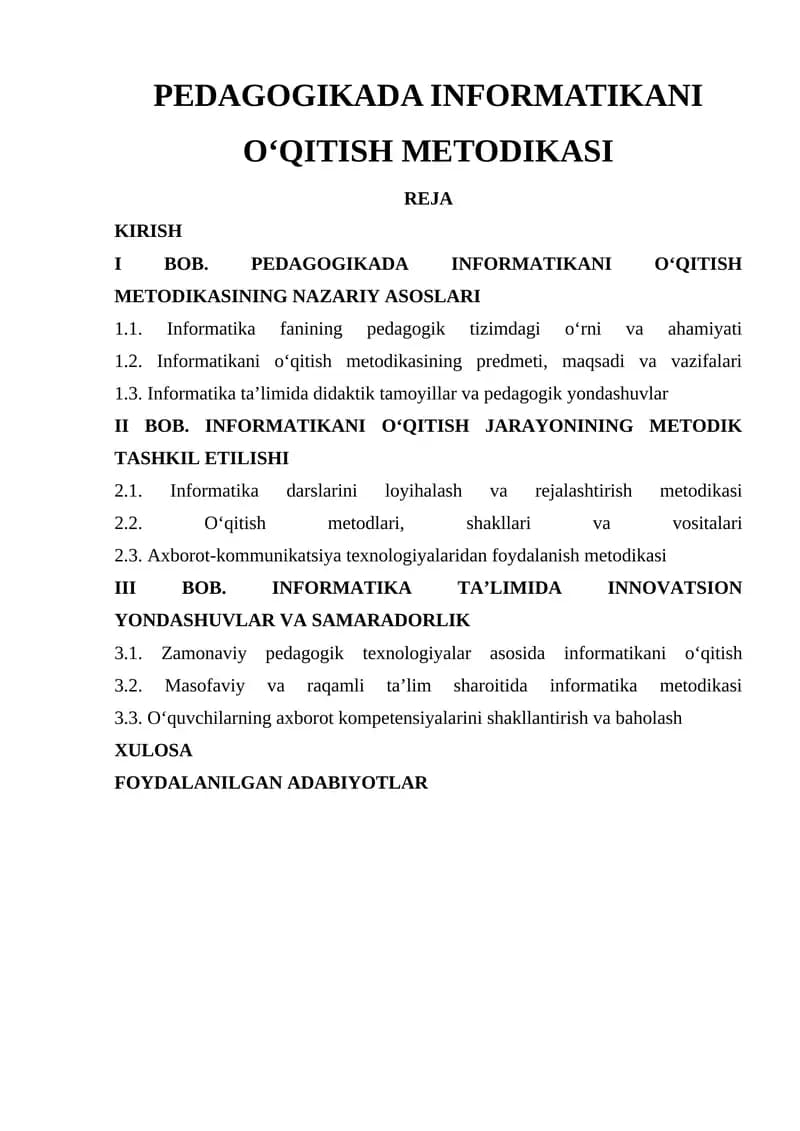 PEDAGOGIKADA INFORMATIKANI O‘QITISH METODIKASI