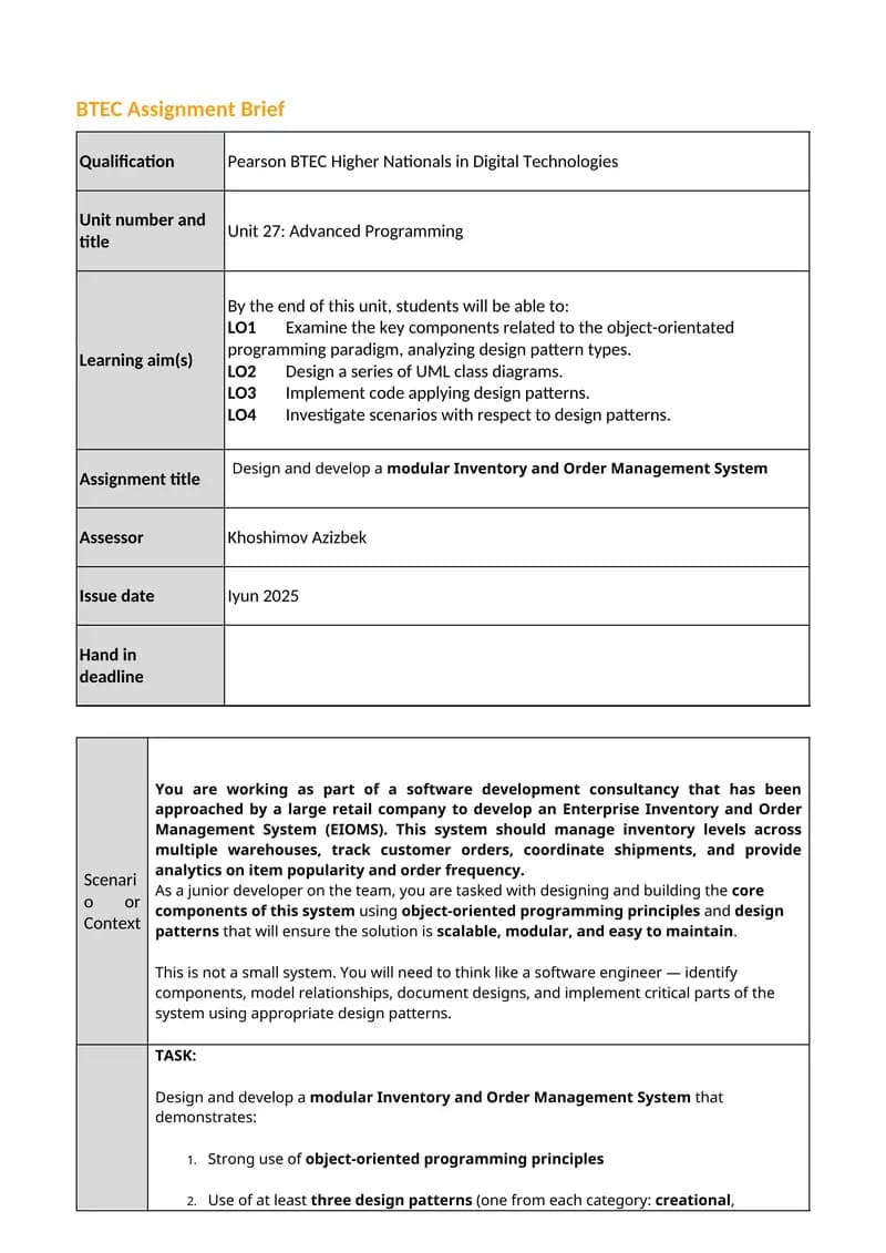 Unit 27: Advanced Programming Assignment Brief
