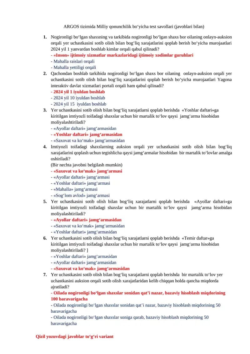 Milliy qonunchilik bo‘yicha test savollari (javoblari bilan)