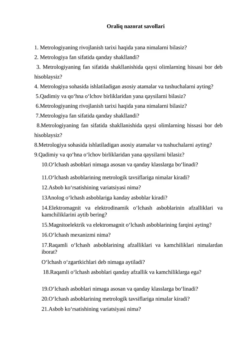 Oraliq nazorat savollari