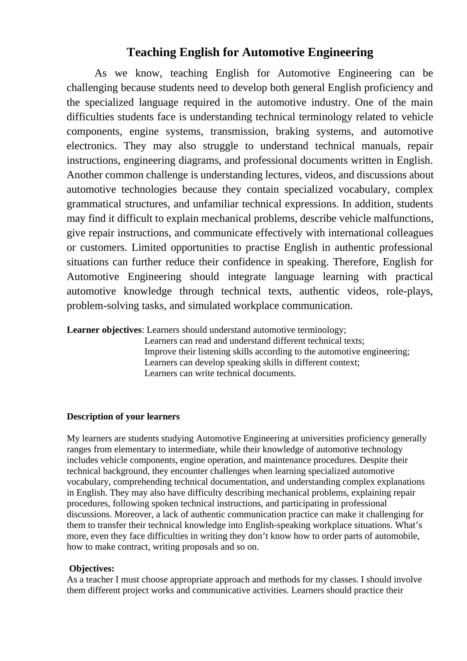 Teaching English for Automotive Engineering