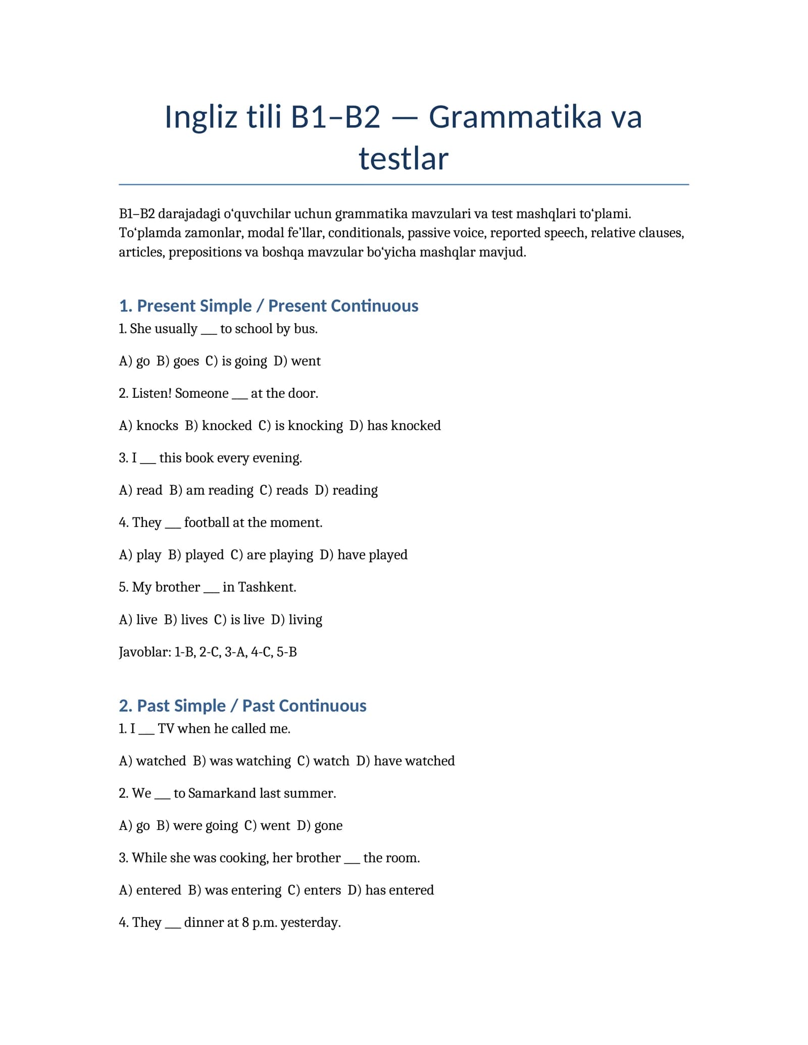 Ingliz tili B1–B2 — Grammatika va testlar