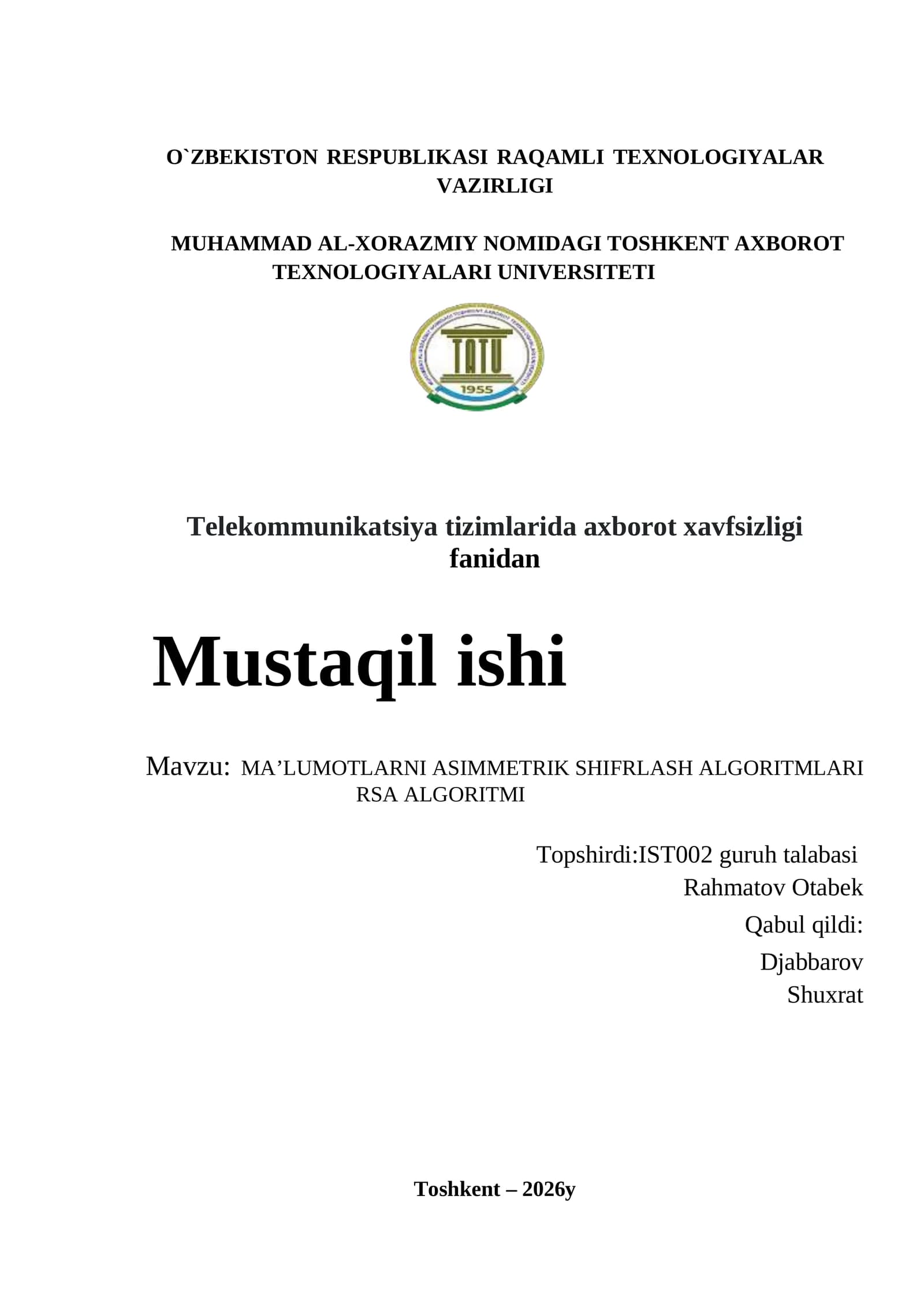 Telekommunikatsiya tizimlarida axborot xavfsizligi