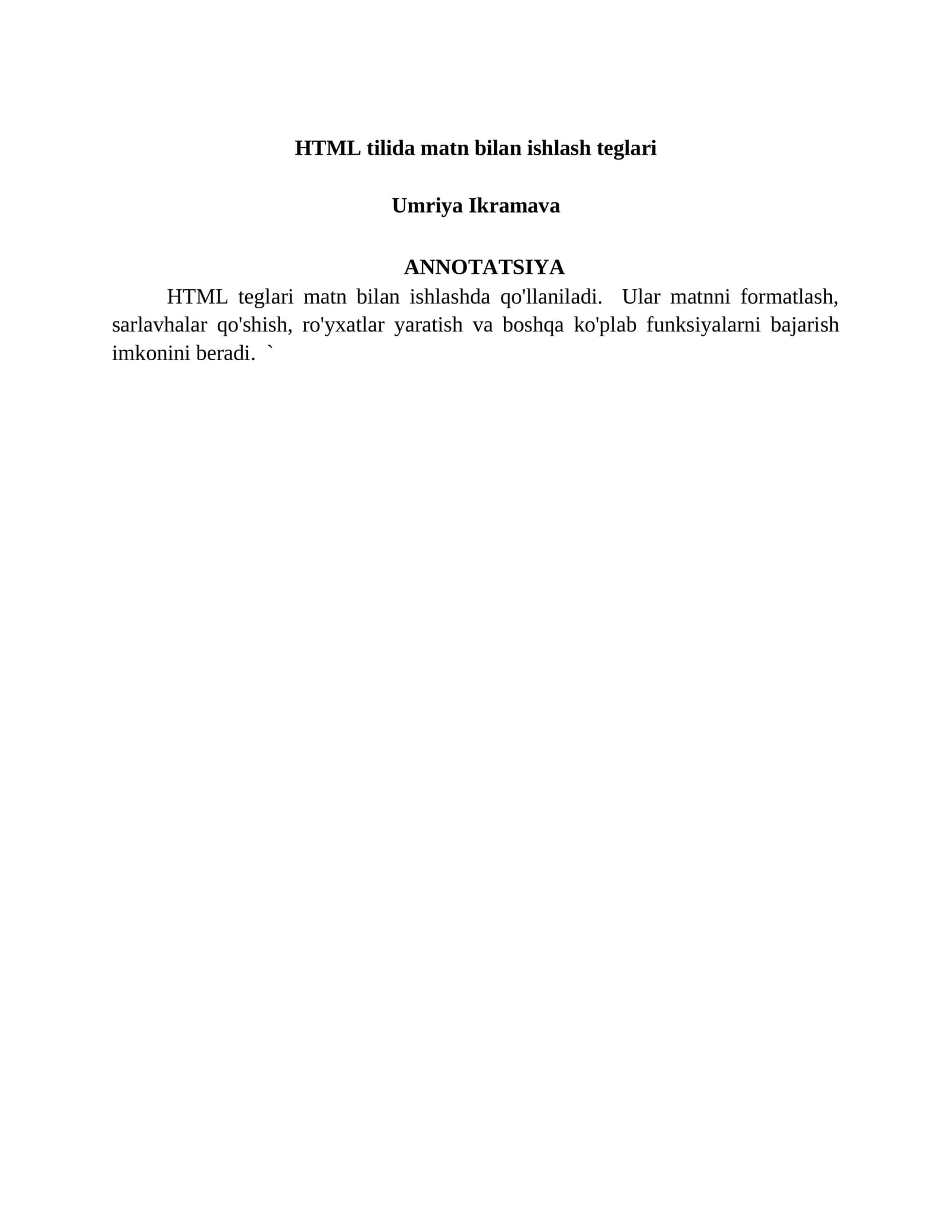 HTML tilida matn bilan ishlash teglari
