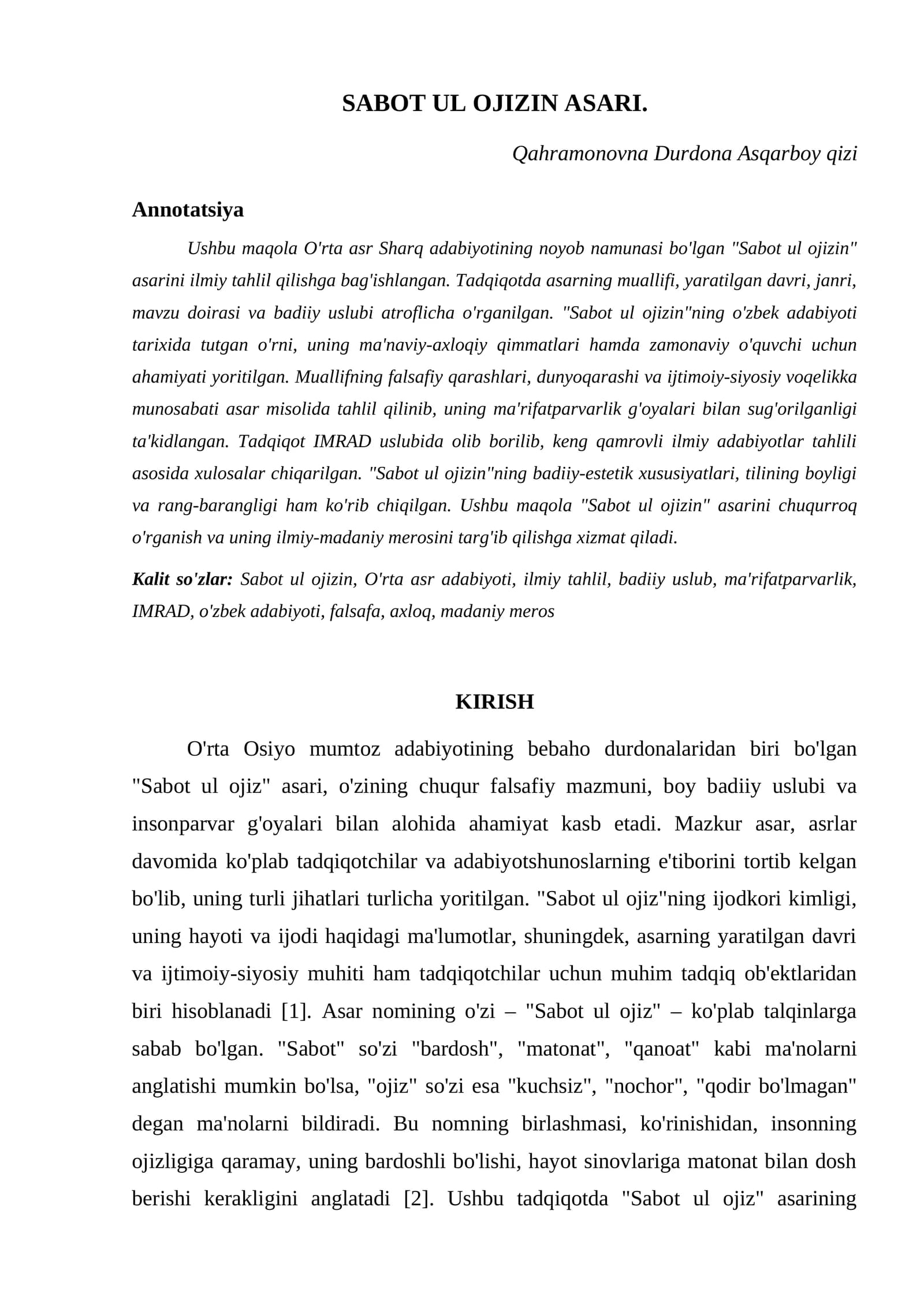 SABOT UL OJIZIN ASARI