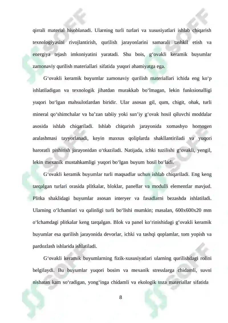 G‘ovakli keramik buyumlar, keramzit materiallarni ishlab chiqarish jarayonini hisoblash. Yillik ishlab chiqarish quvvati 300 000 m2. G‘ovakli keramik buyumlarining o’lchamlari 600x600x20 mm