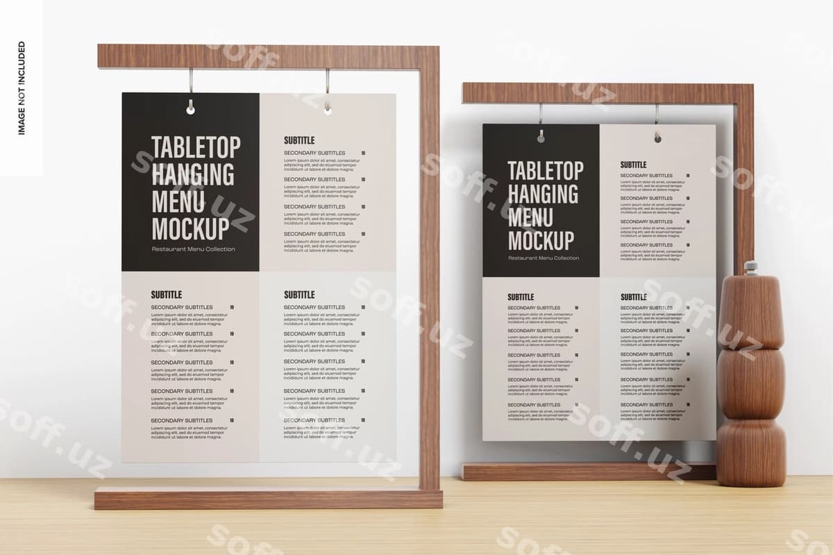 Masa usti asabli menyular namunasi old ko'rinish | Tabletop hanging menus mockup front view