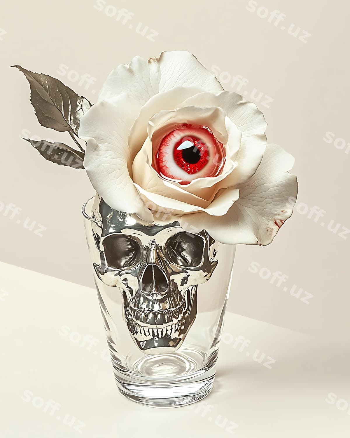 Bor shisha vaza oq atirgul bilan. | There is glass vase with white rose it
