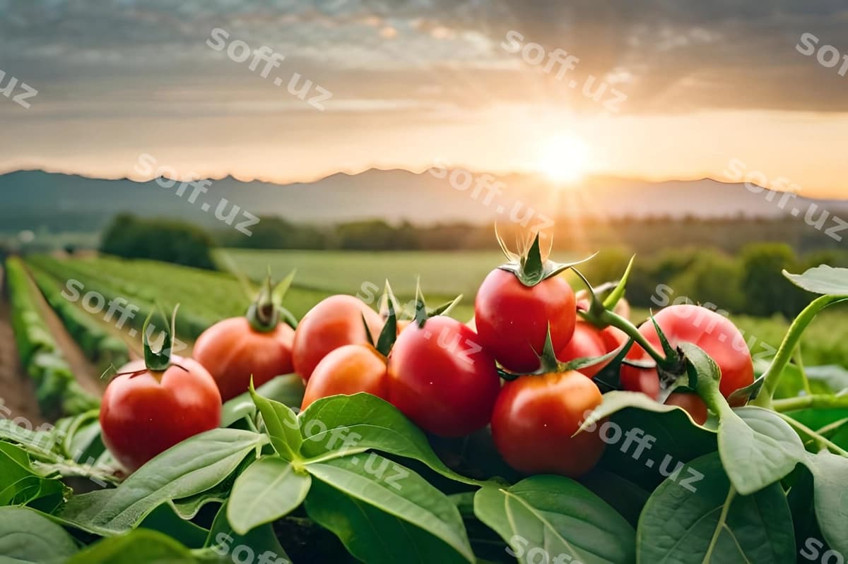 Pomidor maydoni quyosh ularning ustida | Tomatoes field with sun them