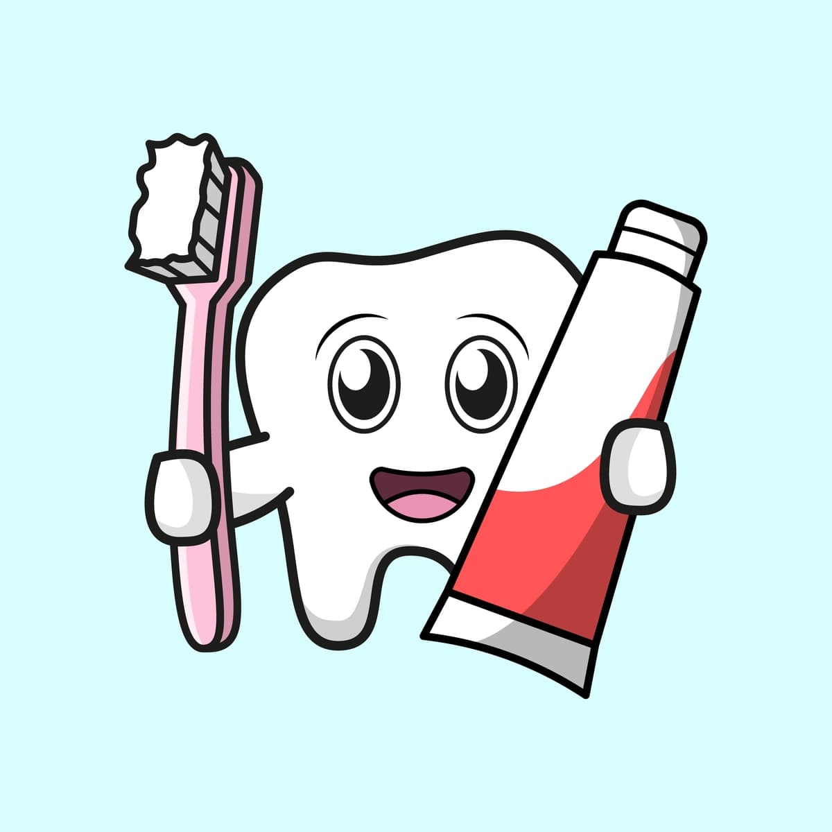 Yoqimli kavayi tishi cho'tkasi tish pastasida vektor multfilmi tasviri | Cute kawaii tooth holding brush toothpaste vector cartoon illustration