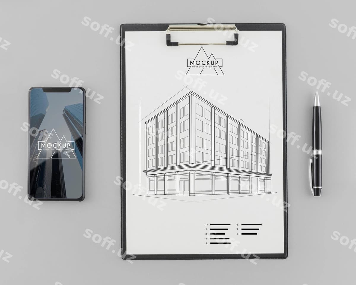 Yuqori ko'rinishdagi me'morchilik eskizi namuna bilan | Top view architecture sketch with mock up