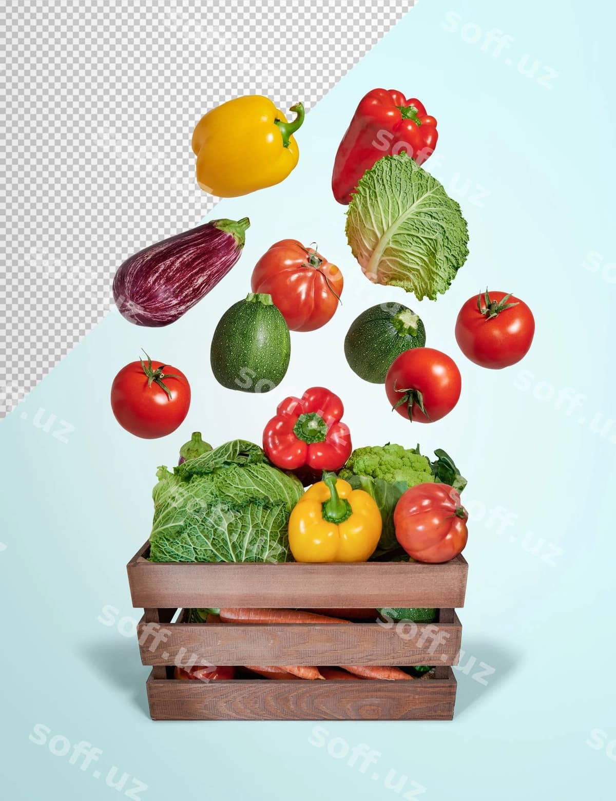 Sabzavotlar uçadigan yongoq quti namunasi | Vegetables flying wooden box mockup