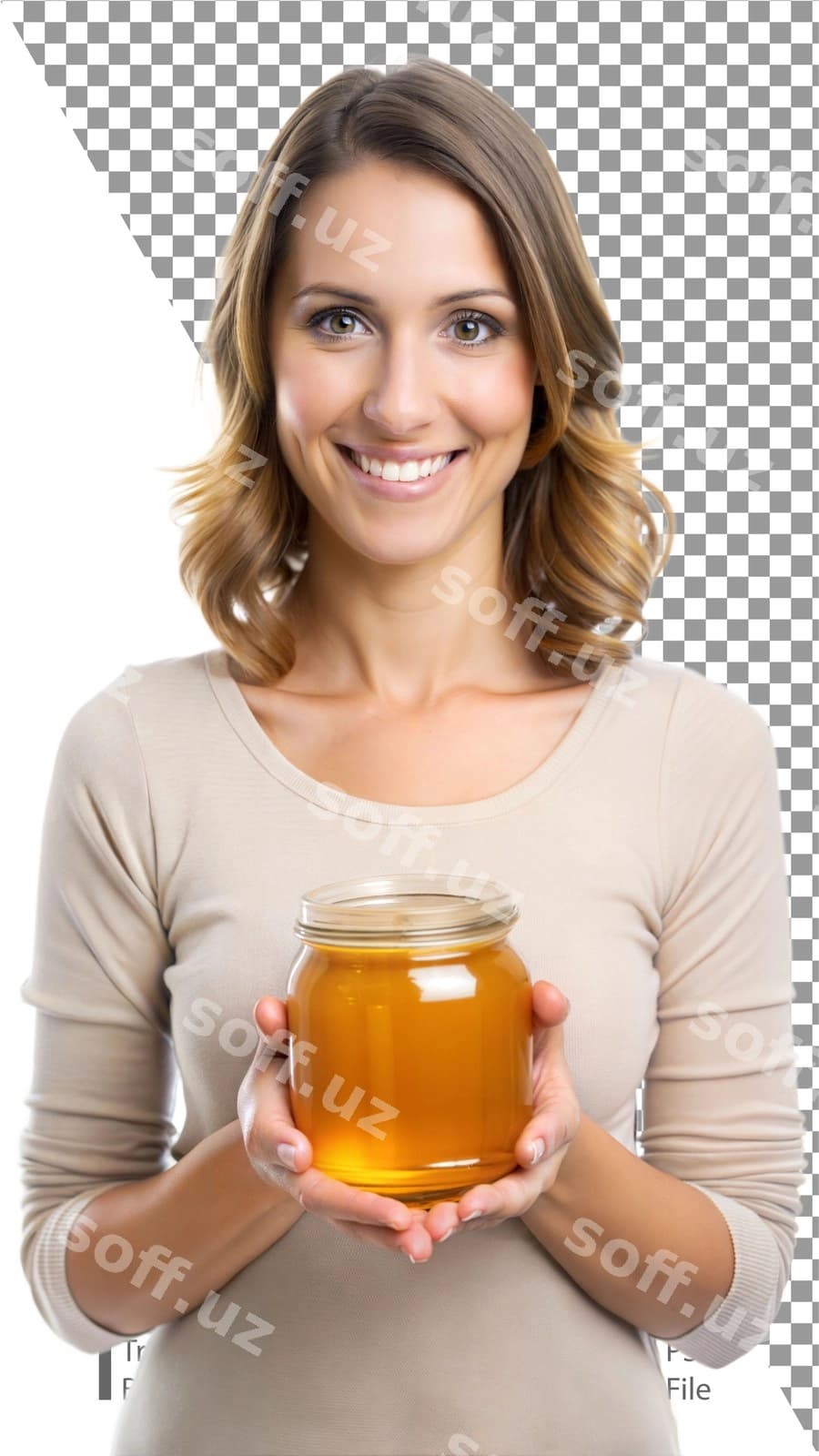 Ayol shirinlik bankasini tutgan gulman | Woman holding jar honey smiling