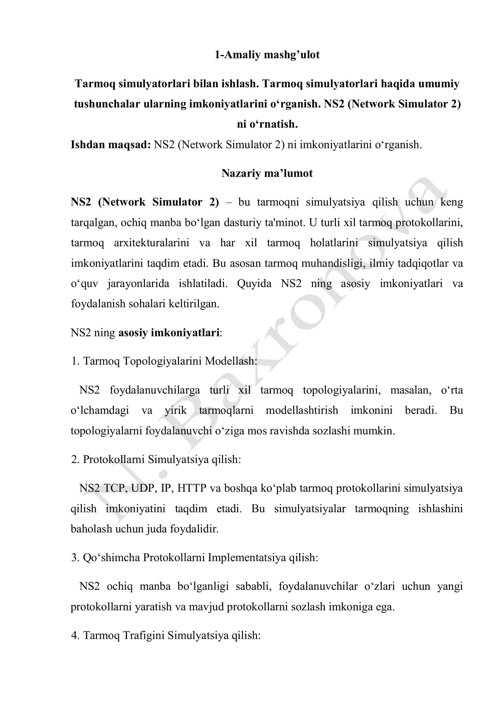 tarmoq simuliyatri bilan ishlash