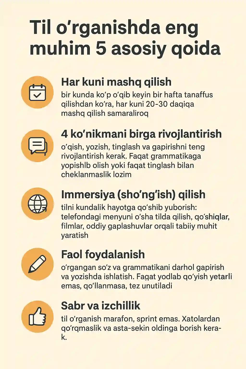 til oʻrganishning asosiy 5 qoidasi