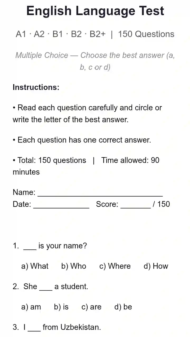 English Language Test A1–B2+ | 150 Questions | Placement Test