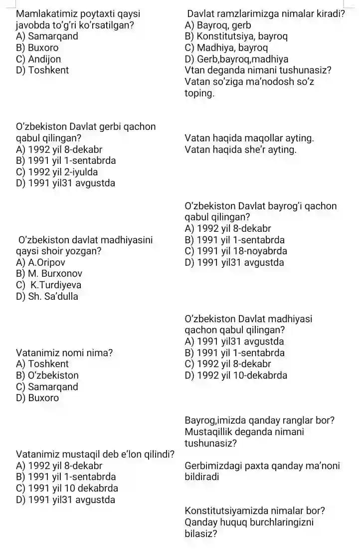 o'qish fanidan tarqatma