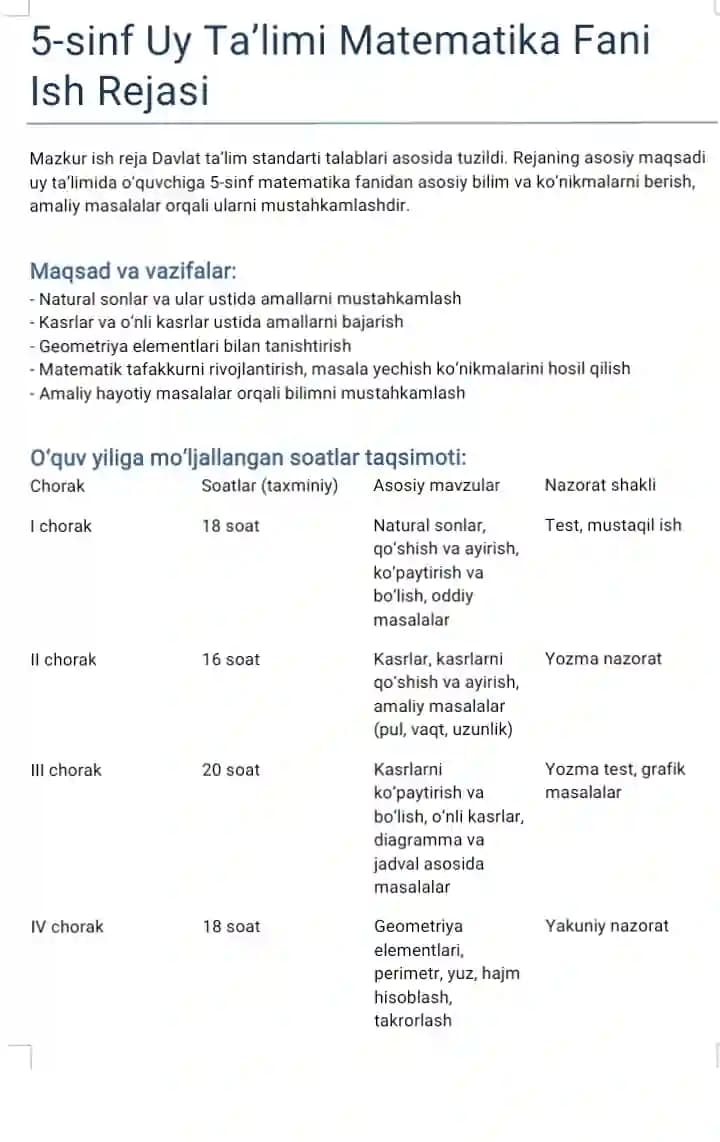uy ta'limi 5- sinf ish reja
