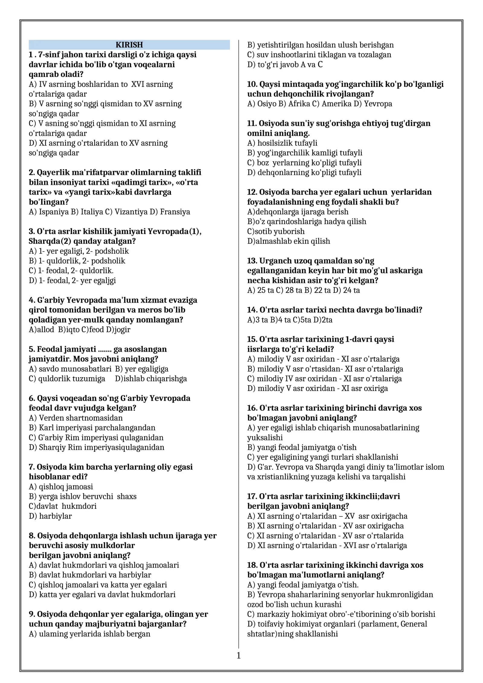 7-sinf jahon tarixidan mavzulashtirilgan testlar