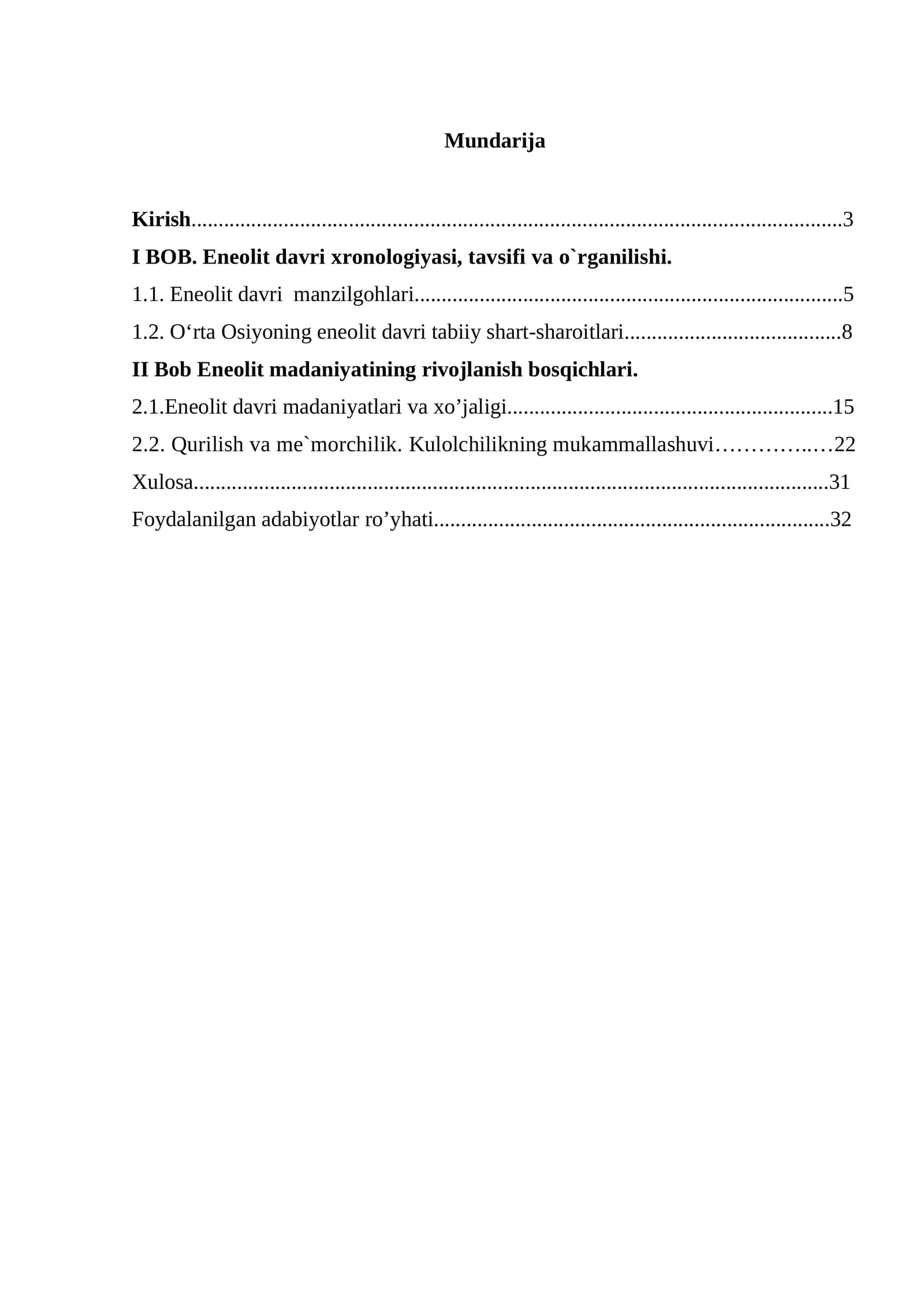 Eneolit davri xronologiyasi, tavsifi va o`rganilishi.