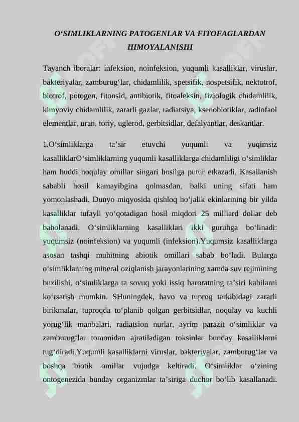 О‘SIMLIKLARNING PATOGENLAR VA FITOFAGLARDAN HIMOYALANISHI