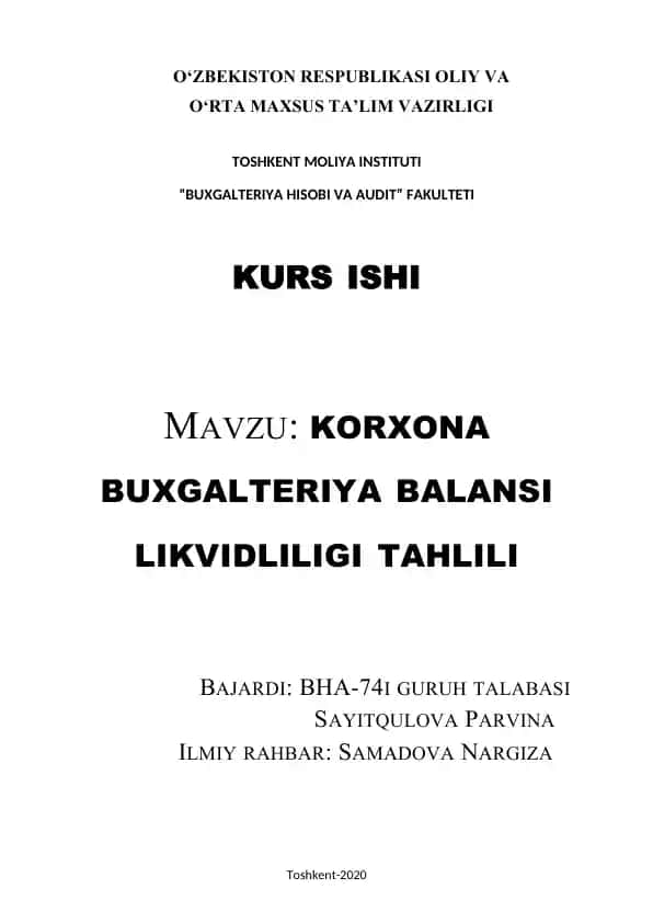Korxona buxgalteriya balansi likvidliligi tahlili
