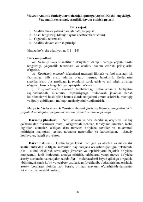 Analitik funksiyalarni darajali qatorga yoyish