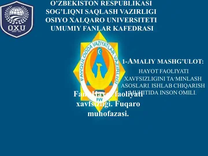 Hayot Faoliyati Xavfsizligi.Tibbiyot Xizmati