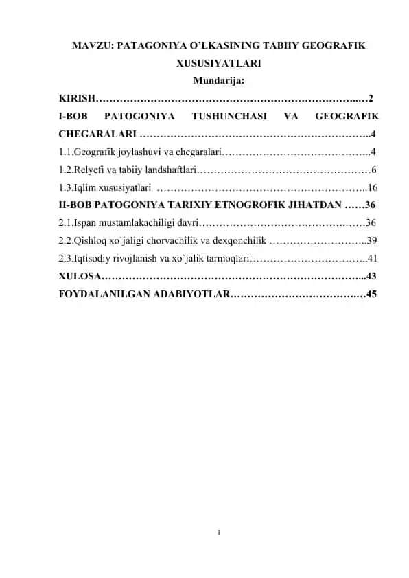 PATAGONIYA O’LKASINING TABIIY GEOGRAFIK XUSUSIYATLARI