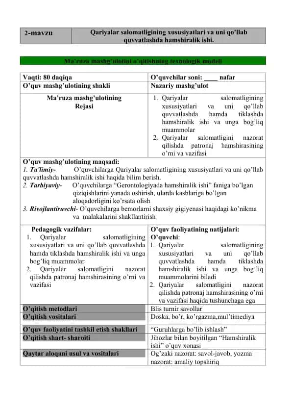 Qariyalar salomatligining xususiyatlari va uni qo’llab quvvatlashda hamshiralik ishi