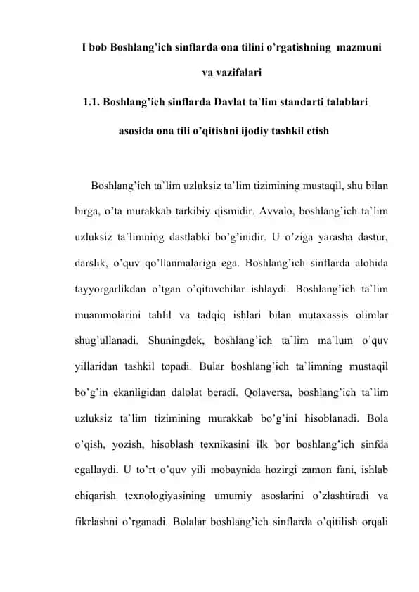 Boshlang’ich sinflarda ona tilini o’rgatishning mazmuni va vazifalari