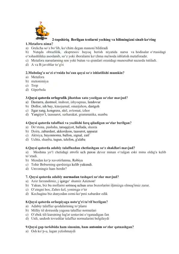 Metafora va rus usullari test savollari
