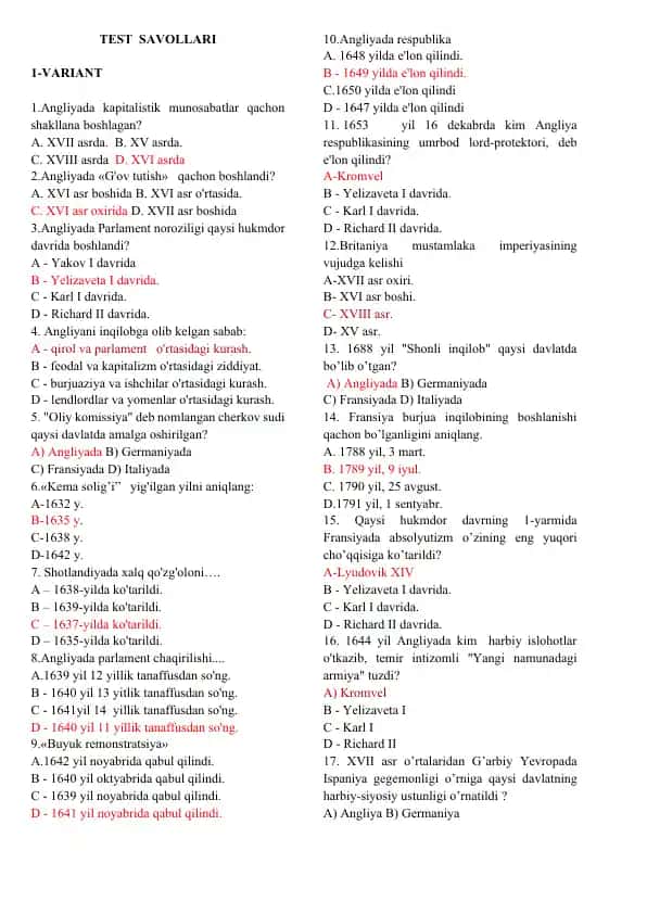 Angliyada 17-18 asrlar Davrida Iqtisodiyot Test Savollari