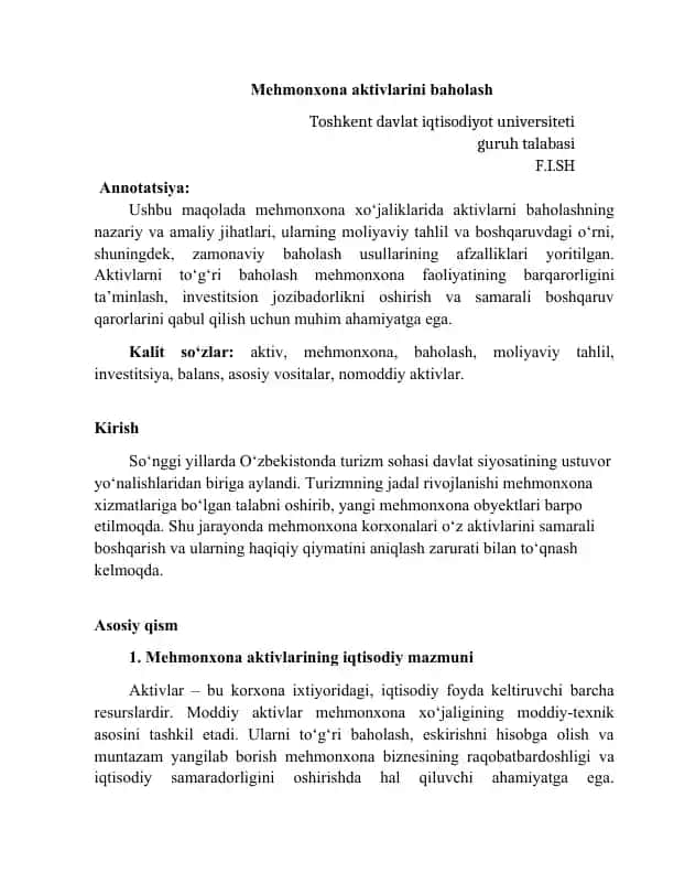 Mehmonxona aktivlarini baholash