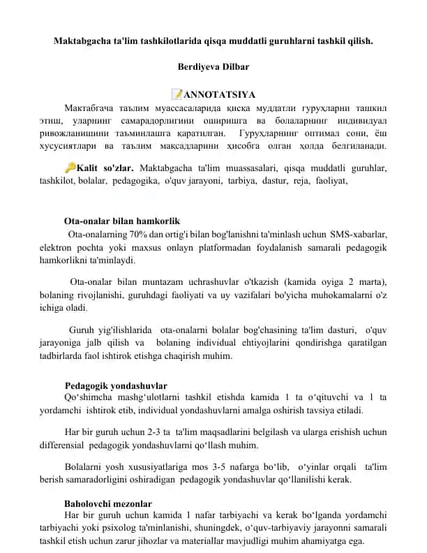 Maktabgacha ta'lim tashkilotlarida qisqa muddatli guruhlarni tashkil qilish
