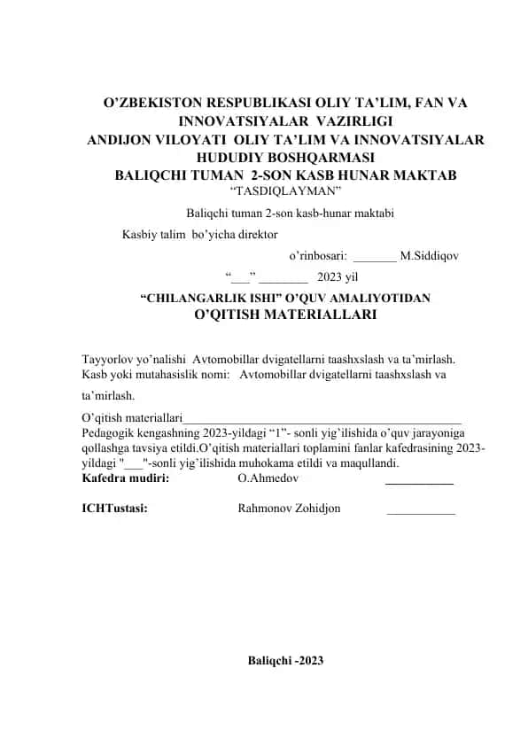 Avtomobillar dvigatellarni taashxslash va ta’mirlash