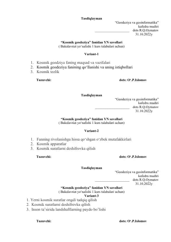 Kosmik geodeziya fanidan YN savollari