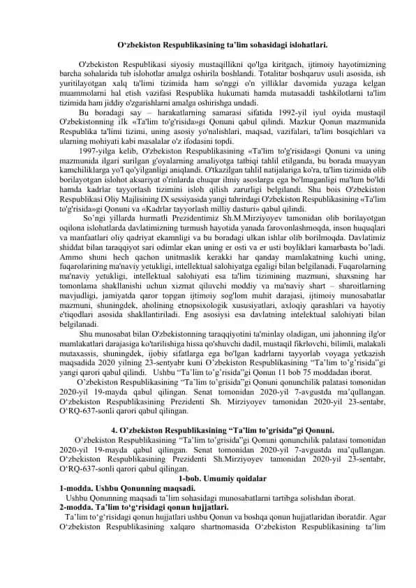 O'zbekiston Respublikasining ta’lim sohasidagi islohatlari