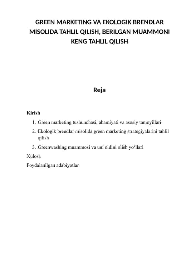 Green Marketing va Ekologik Brendlar Misolida Tahlil Qilish