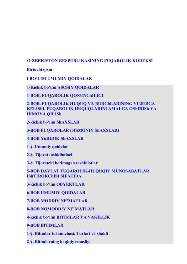 O'ZBEKISTON RESPUBLIKASINING FUQAROLIK KODEKSI