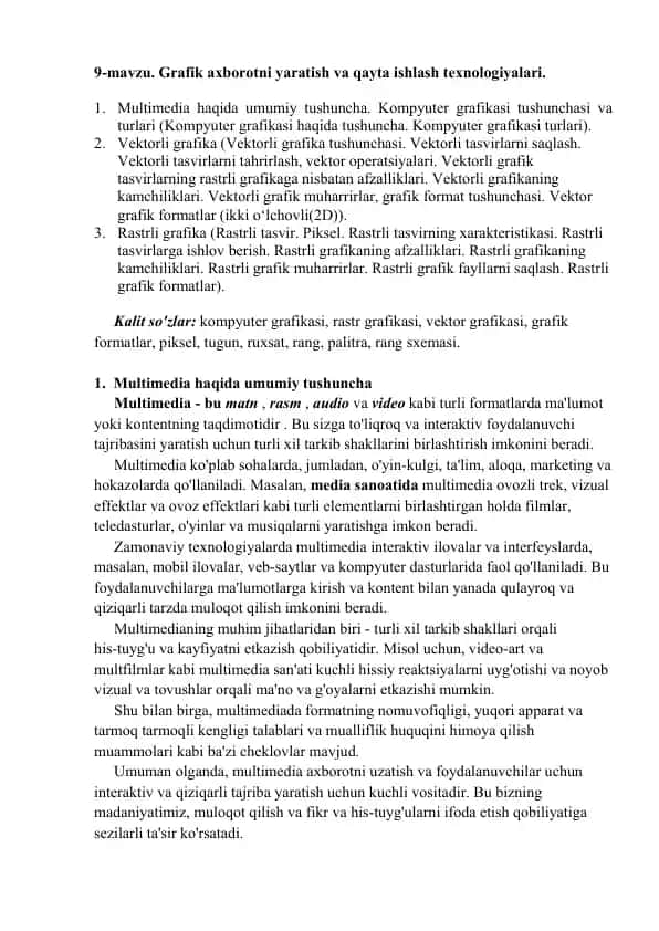 Grafik axborotni yaratish va qayta ishlash texnologiyalari