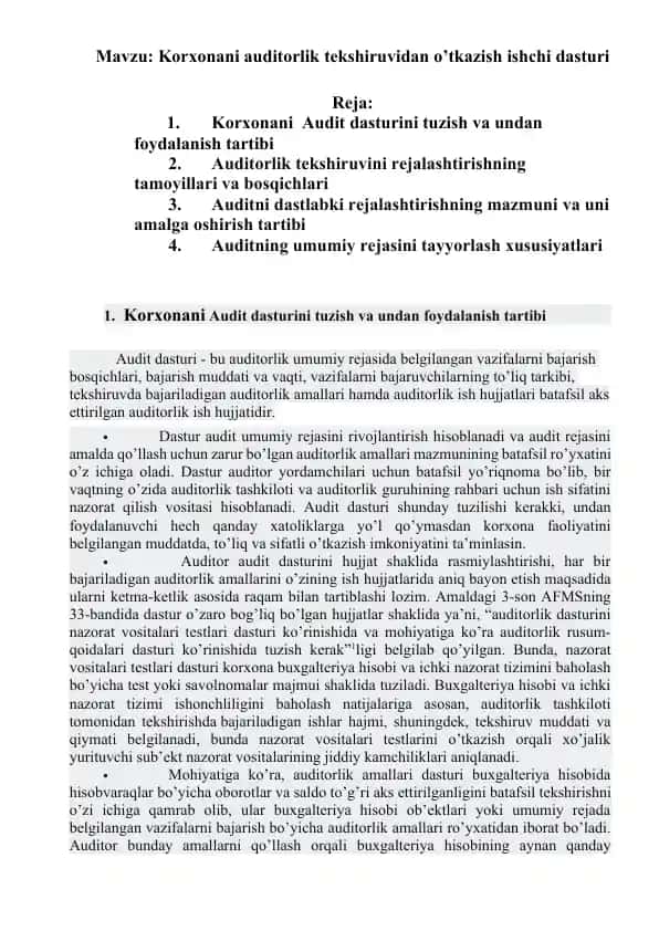 Korxonani auditorlik tekshiruvidan o’tkazish ishchi dasturi