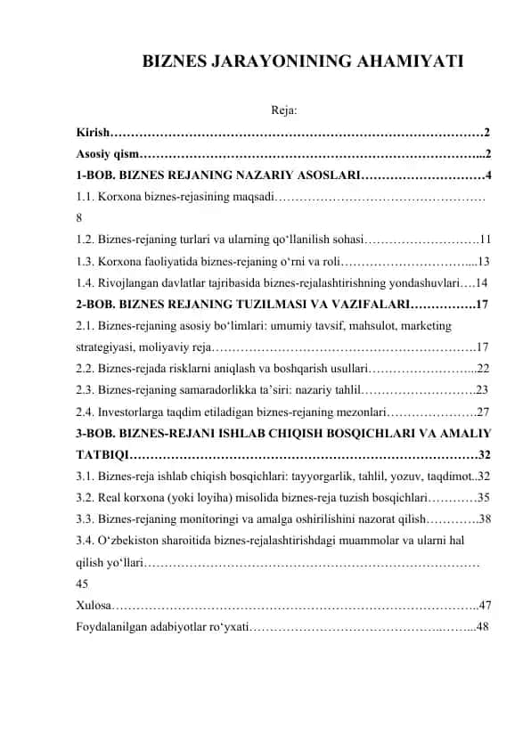 BIZNES JARAYONINING AHAMIYATI
